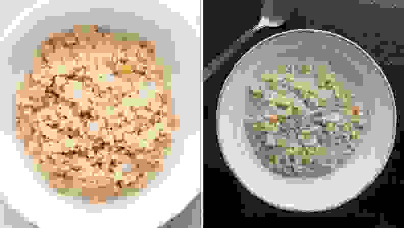 On left, RealEats photo of Coconut Chia Oatmeal shot from above. On right, Reviewed's photo of the same product from the same angle.
