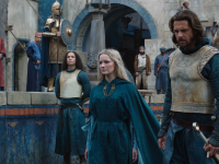 An image of Galadriel and Elendil walking through Númenor in Prime Video's "The Rings of Power."