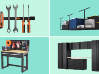 A magnetic tool bar, an overhead storage system, a work bench, and a storage system against a teal background.