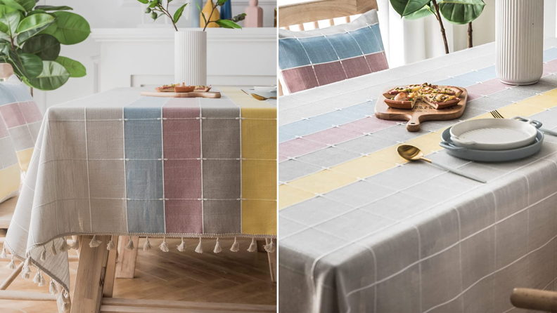 Product shot of gray, blue, pink and yellow linen tablecloth.