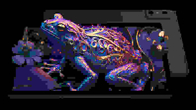 A 3D render of the Lume Pad 2 tablet with a purple and gold frog sitting on top of it.