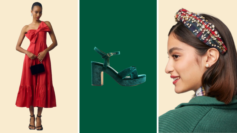 A model wearing a red midi dress with a bow detail on the bodice, a green velvet heel, and a model wearing an embellished plaid headband.
