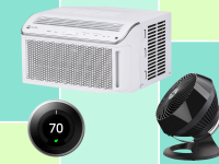 A GE air conditioner, a Vornado fan, and a Nest thermostat against a blue green background.