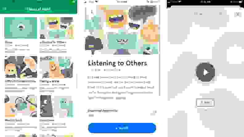screenshots of Headspace's work stress sessions selection