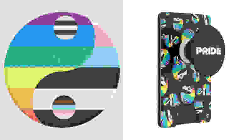A Pride PopSocket and another on a smartphone, which reads, "Pride."