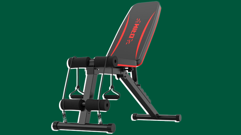 Black and red adjustable workout bench from Hitosport.