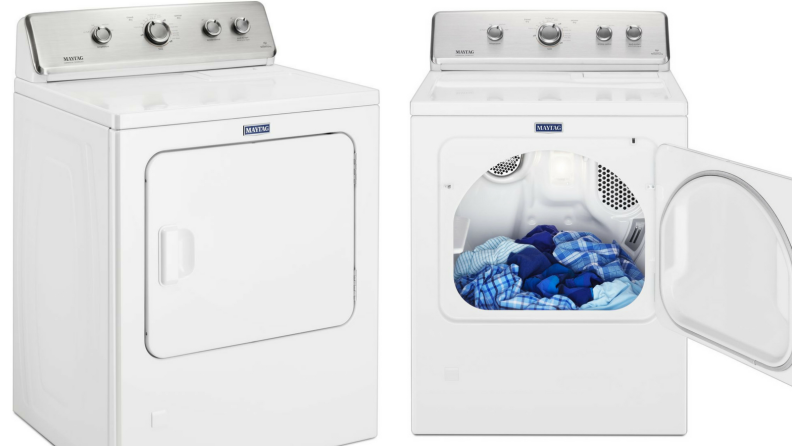 The Maytag MEDC465HW is a basic white dryer that gets laundry completely dry, and is easy to operate