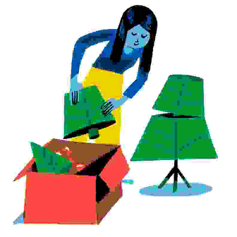 Cartoon graphic of person deconstructing Christmas tree and boxing it up for next season.