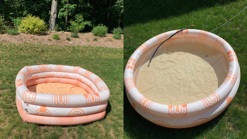 On right, inflated Minnidip pool on lawn. On right, Minnidip's Sunkissed Terracotta inflated swimming pool filled with water with hose inside.