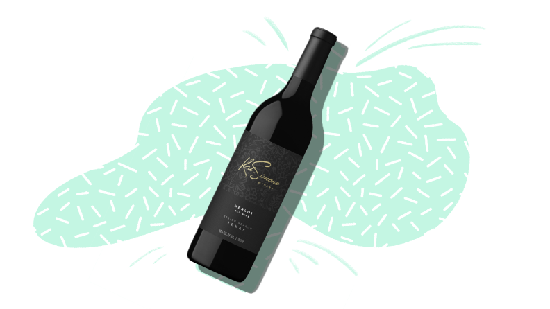 A silhouetted bottle of red wine wine on a mint and white patterned background.