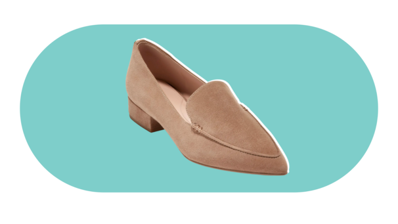 A pointed-toe suede loafer.