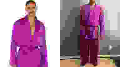 Man modeling off purple Savage X Fenty sleepwear smoker's jacket and pants.