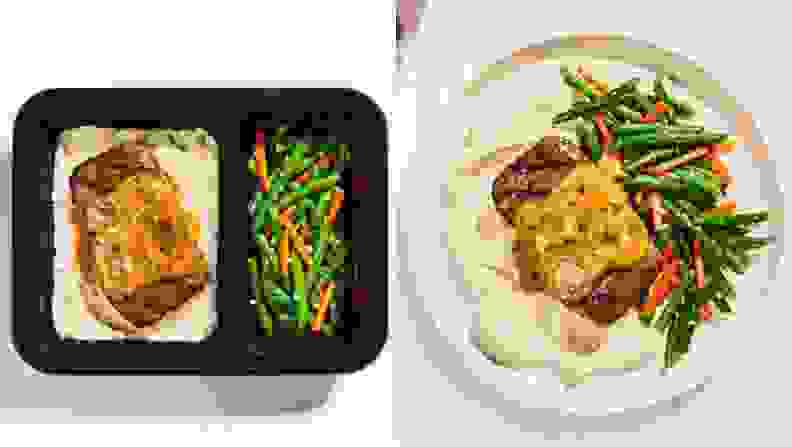 A plastic container holding meatloaf with gravy on mashed potatoes with greenbeans and carrots on the left. The same dish on a plate on the right.