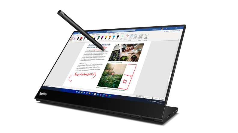 The Lenovo ThinkVision M14t display with a stylus making notes on the screen.