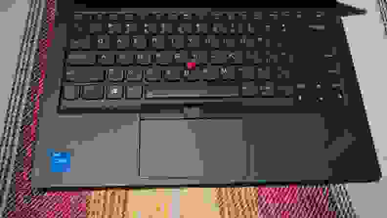 An overhead shot of the ThinkPad E14's keyboard and trackpad.