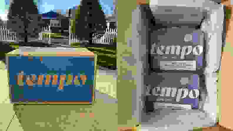 On left, cardboard box from Tempo delivery service on doorstep on a sunny day. On right, two pre-packaged Tempo meals inside of individual containers.