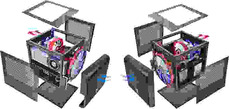 An exploded view of a PC case with components