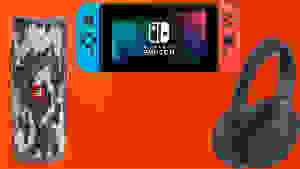 JBL Flip 5，任天堂Switch和索尼WH-1000XM4在橙色背景下