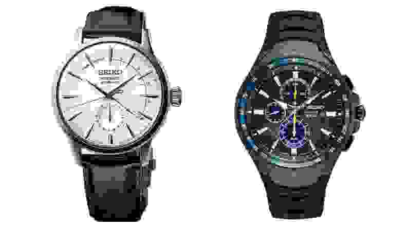 Two Seiko watches with white and black watch faces.