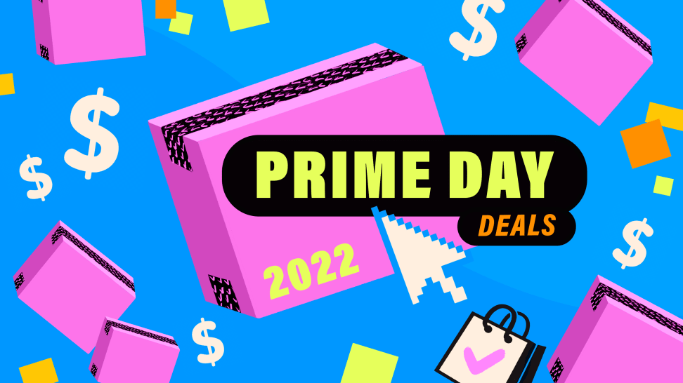 A graphic displaying some Amazon boxes colored purple floating across a blue background with some dollar signs and orange and green squares. In the center is a white mouse cursor slightly pixelated and a banner that says Prime Day Deals.