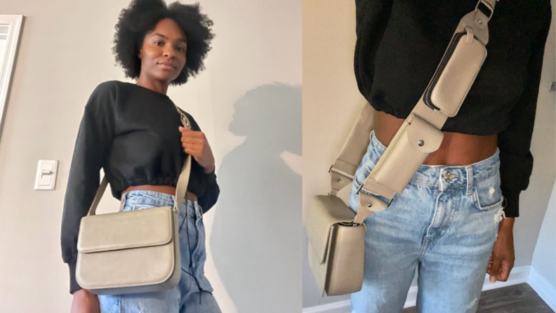 The author wearing the Bandolier Billie Utility Bag with jeans and a black sweater.