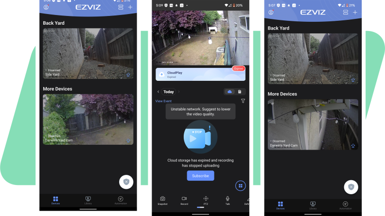 Three Smart phone screenshots of the EzViz H8 Pro 3K outdoor camera app, with views of the outdoor camera.