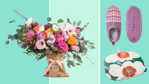 Bouquet of Farmgirl Flowers in burlap bag, pink Bombas Gripper Slippers and flower Marimekko Pieni Unikko Pot Holder