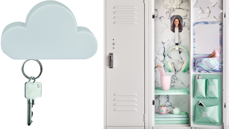 On left, white cloud magnetic wall key holder from TWONE. On right, silver locker clip-hook hanging up in decorated locker.