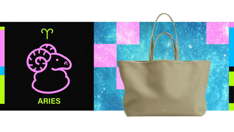 On the left is the symbol for Aries, and on the right is an olive-colored leather tote bag.