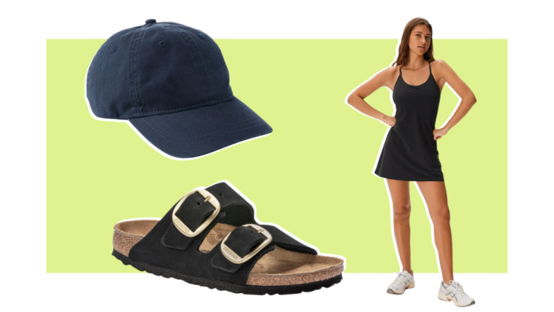 A navy baseball cap, black Birkenstock sandals, and a black dress.