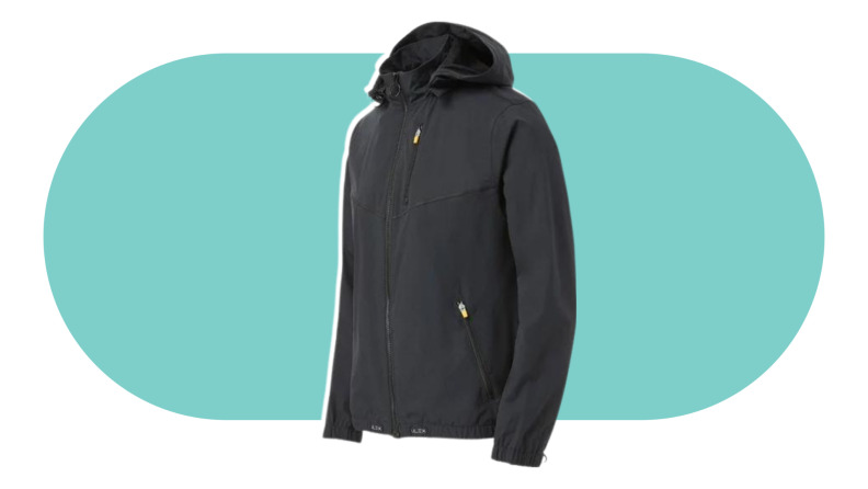 The black MagnaReady Unisex Adaptive Hooded MagZip Jacket on a colorful background