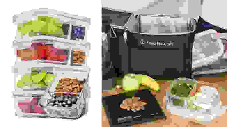 Left: A stack of Prep Naturals glass meal-prep containers holding fruit. Right: A man packing his lunch box with a container.