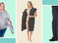 A collage featuring a hoodie with an arm zipper, a stylish gown and a pair of pants.