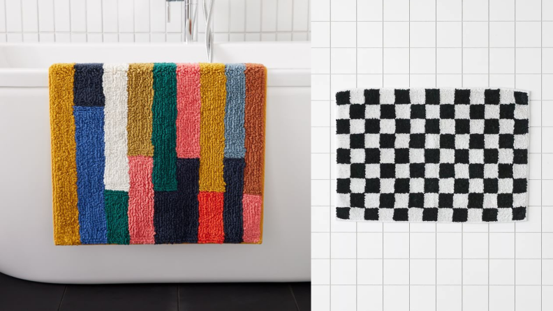 On the left, a colorful geometric bath mat. On the right, a black and white checkerboard bath mat.