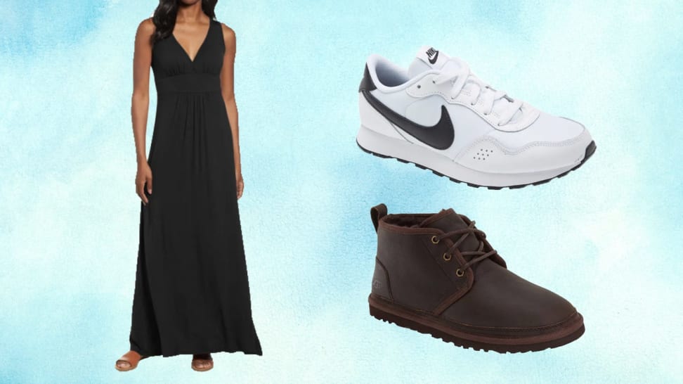 On left, person wearing black dress. On right, Nike sneaker and UGG sneaker.