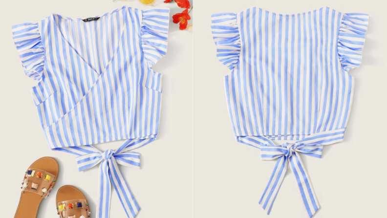 Blue and white striped crop top blouse from Shein