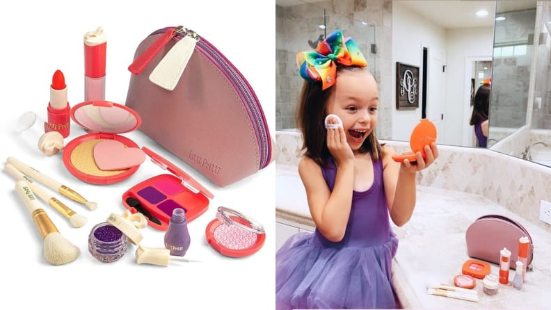 On left, assorted makeup and applicators next to makeup bag. On left, child smiling into hand mirror while applying makeup to cheek.