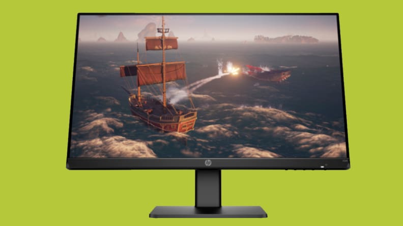 An image of an HP monitor on a green background featuring a video game screen capture on the monitor.