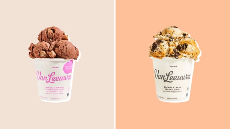 Two side-by-side shots of Van Leeuwen vegan ice cream, with scoops visible from the pint, on an orange background