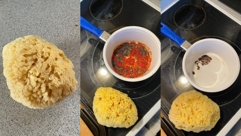 Before and after photographs of a natural sponge, a dirty pot, and the cleaned-up results.