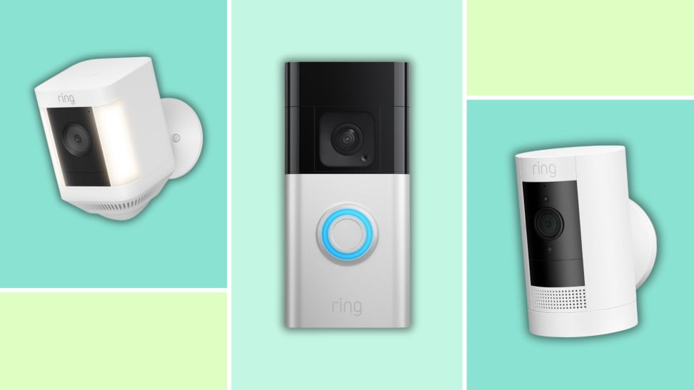 A selection of Ring cameras and doorbells, including outdoor, indoor, and video doorbell models, displayed on a colorful background.