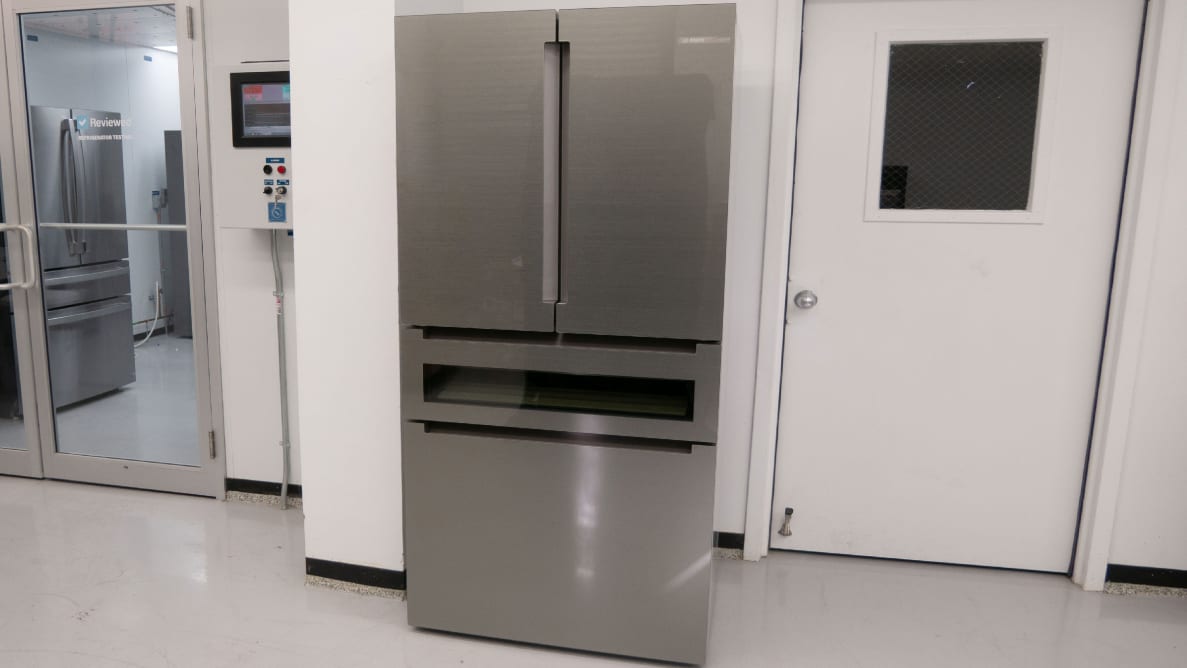 A wide shot of the Bosch B36CL81ENG 800 Series counter-depth French-door refrigerator set up outside our fridge testing labs.