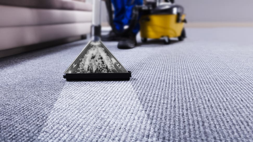 Man cleaning blue carpet