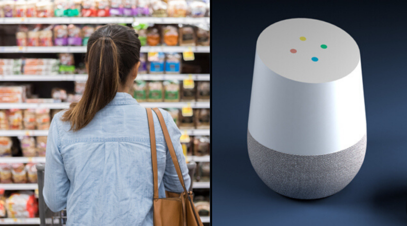 Woman looking at grocery shelf and Google Home speaker