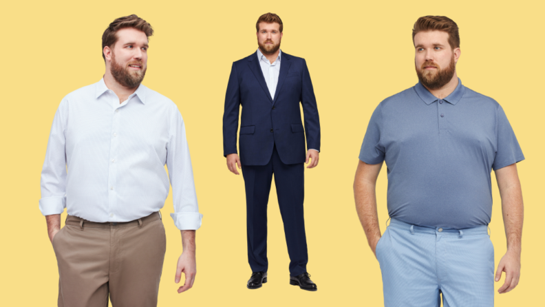 Models wearing a white button-up shirt, a navy suit, and a blue polo shirt.