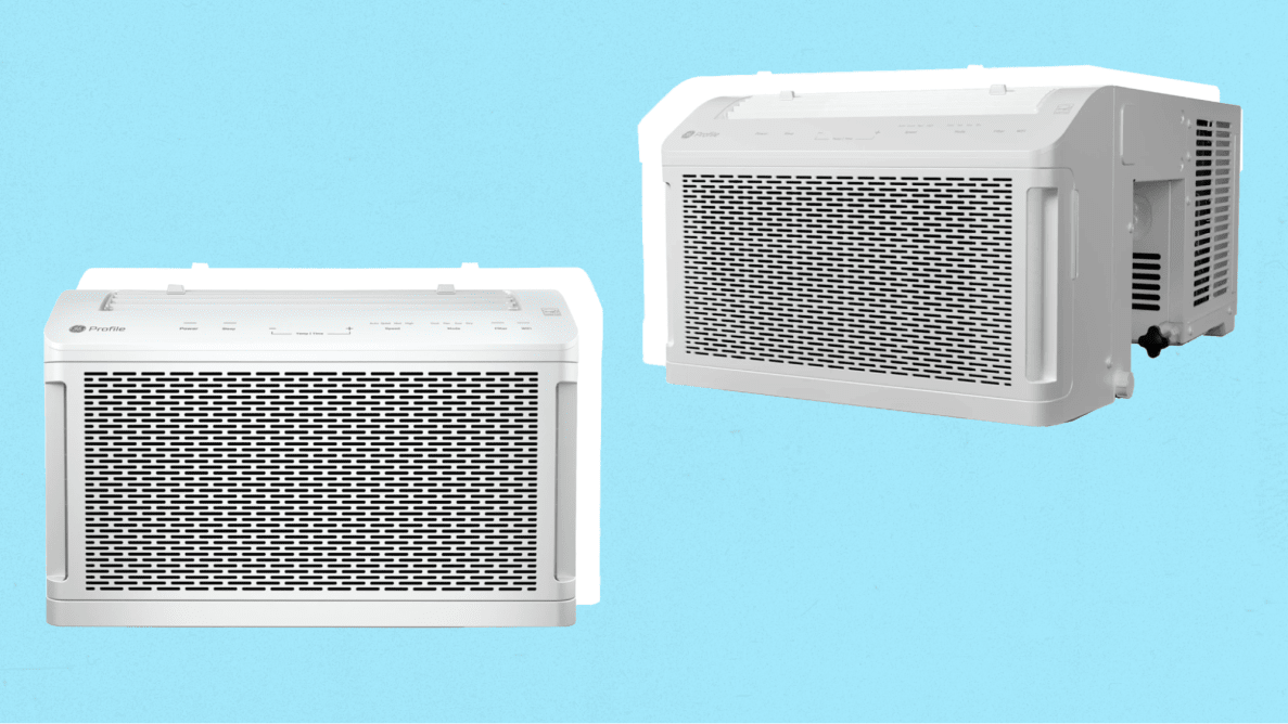 Two images of a white window air conditioning unit against a blue background.