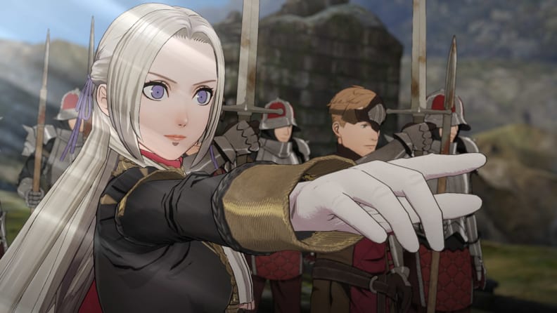 A white haired teenaged girl points toward the camera, leading troops into battle.