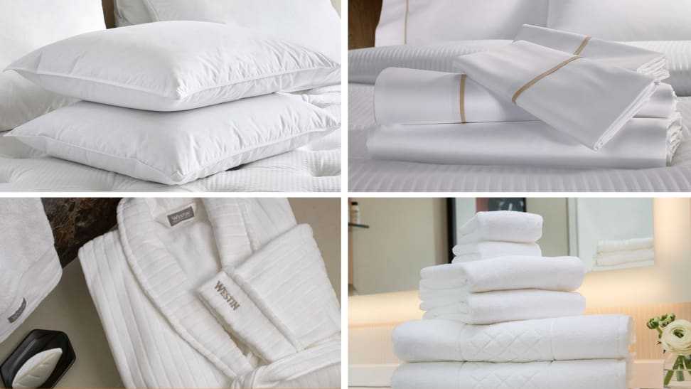 A collection of bedding and bathroom essentials in front of various backgrounds.