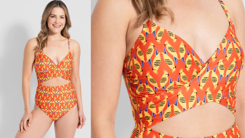 Model displaying orange print two-piece swimsuit.