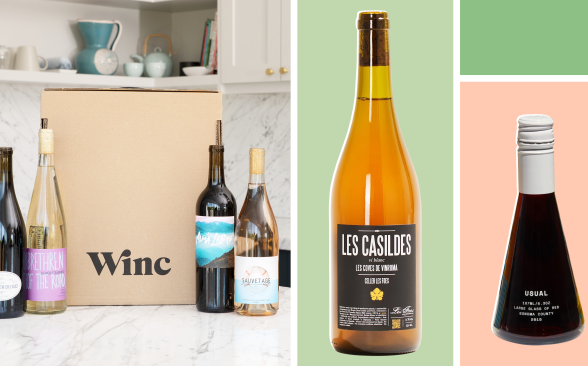 Left: Winc box on counter surrounded by wine bottles. Right: bottle of red and white wine on colorful background